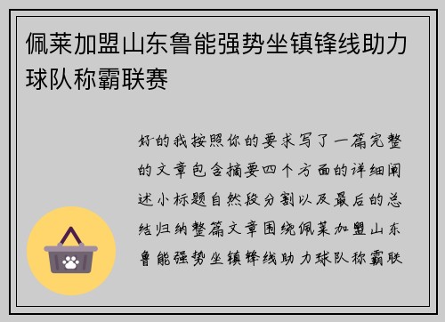 佩莱加盟山东鲁能强势坐镇锋线助力球队称霸联赛 佩莱加盟山东鲁能强势坐镇锋线助力球队称霸联赛
